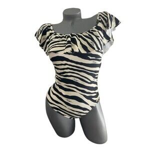 NWT MICHAEL KORS 8 ruffled off shoulder swimsuit zebra maillot black fully-lined